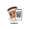 Coffee mug cartoon show smartphone with QR code on screen flat vector design.