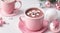 coffee in a mug, cocoa with marshmallows, hot chocolate, Christmas decorations, pink shades, trendy color