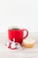 Coffee Mug with Jingle Bells and Mince Pie on Wood