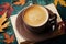 Coffee mug with old book and dry leaves on teal rustic table, cozy breakfast