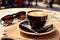 Coffee Mug and Stylish Sunglasses on Sunlit Outdoor Table