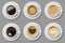 Coffee mug top view collection isolated. Black coffee, cappuccino espresso, latte, mocha, americano cup. vector