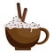 Coffee mug with whipped cream and cinnamon sticks. Coffee drink with additives. Vector