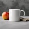 Coffee mug, a white cup on a table with an apple. Styled photo, product mockup