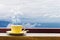 Coffee Mug On Wooden Top Table In Arial View Of Mountian