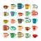 Coffee mugs. colored cups decorated kitchen furniture coffee dishes. ethnic pattern mugs. vector cartoon illustrations