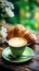 coffee near pistachio cream croissant, life style Authentic living