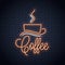 Coffee neon banner. Coffee cup neon sign on wall background