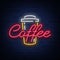 Coffee neon sign logo vector illustration, emblem in neon style, bright night sign, night advertisement of coffee