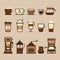 Coffee objects and equipment. Cup and coffee brewing methods. Co