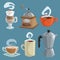 Coffee objects set. Cups of coffee with heart shaped cream and steam, grinder, geyser coffee maker pot.