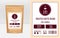 Coffee package label, food bag design. Sticker with hot beverage in cup, realistic mockup, product template, paper kraft