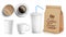 Coffee Packaging Design Vector. Cups Mock Up. White Coffee Mug. Ceramic And Paper, Plastic Cup. Top, Side View. Blank