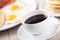 Coffee with Pancakes, Bacon and Eggs. High quality photo.