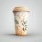 Coffee paper cup with floral pattern. 3D illustration.