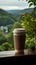 Coffee in paper cup, nature\\\'s backdrop Sip of warmth amidst outdoor serenity