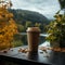 Coffee in paper cup, nature\\\'s backdrop Sip of warmth amidst outdoor serenity