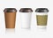 Coffee paper cup set with label. Brown plastic container for drink. Latte, mocha or cappuccino cup for cafe. Vector cover