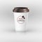 Coffee paper cup set with label. Brown plastic container for drink. Latte, mocha or cappuccino cup for cafe. Vector cover