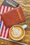 Coffee, passports and USA flag.