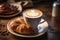 Coffee with a perfect latte art heart, next to a plate of fresh croissants. Generative AI