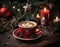 Coffee in a red cup on the Christmas table. Generative AI