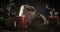 Coffee red cup and coffee beans.Hot coffee cup and handful coffee beans.Close-up steaming natural smoke coming out