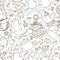 Coffee related doodle seamless pattern.Tableware,beans,lettering