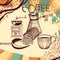 Coffee retro poster with hand drawn coffee mill, mug and coffee