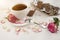 Coffee rose and chocolate on a white background romantic