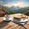 Coffee and sandwiches on a wooden table against the background of mountains
