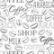 Coffee seamless pattern. Coffee beans and lettering COFFEE hand