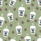 Coffee seamless pattern, vector background. Cups of and beans. For lover