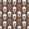 Coffee seamless pattern, vector background. Cups of and beans. For lover