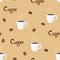 Coffee seamless pattern. White cup with steaming espresso, lettering and coffee beans
