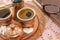 Coffee served in copper pottery and a book