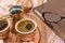 Coffee served in copper pottery and a book