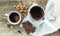 Coffee set: cezve (coffee pot) with freshly brewed coffee, a cof