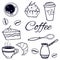 Coffee set: cezve, cup, spoon, sugar, coffee beans, cupcakes, paper cup. Sketch. Vector isolated image.