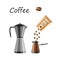 Coffee set. Coffee machine, a bag of coffee, coffee beans. Icons for the menu of restaurants and cafes.