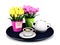 Coffee set with decoration flowers in round plate