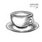 Coffee set. Hand drawn coffee cup. Mug of cappuccino or late with milk foam. Vector engraved icon. Morning fresh drink