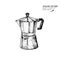 Coffee set. Hand drawn coffee geyser, italian mocha, anchient equipment for espresso. Vector engraved icon. Morning