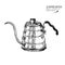 Coffee set. Hand drawn coffee kettle, modern alternative barista equipment. Vector engraved icon. Morning fresh drink