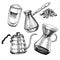 Coffee set. Hand drawn coffee makers set. Cezve, pour over, coffee kettle and glass cup. Vector engraved icon. Morning