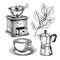 Coffee set. Hand drawn coffee set. Ancient grinder, geyser or moca, cup and branch. Vector engraved icon. Morning fresh