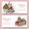 Coffee shop or bakery house visit cards set with baked cake, cupcake, topper and lettering text. Vector hand drawn baked