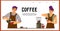 Coffee shop or cafe-bar, restaurant web banner layout with with barista characters, flat vector illustration.