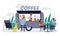 Coffee shop. Cartoon street cafe in van trailer, small family business. City outdoor bar with signboard or billboard and
