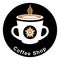 Coffee shop company emblem logo with illustration of a cup or two-handled glass.